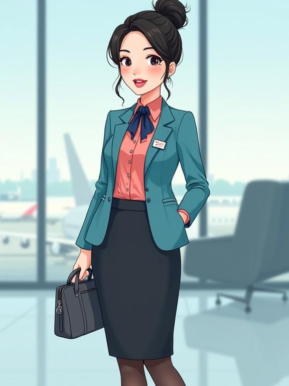 Full body cartoon image of airport ground staff. Female in late 20s. Wearing a coral-pink chiffon blouse and turquoise blazer. Black pencil skirt and pantyhose. Black pumps. Hair in a bun. Light makeup and smile. Name tag on blazer. ID badge on a silver lanyard. Dark-blue scarf tied around neck. Background of airport terminal. Dark-grey satchel in her hand.