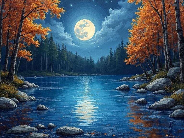 Vibrant digital artwork of a silver bioluminescent lake at night surrounded by a tall autumn forest. A bright full moon illuminates the landscape. Rich and colorful, with thick textured elements.