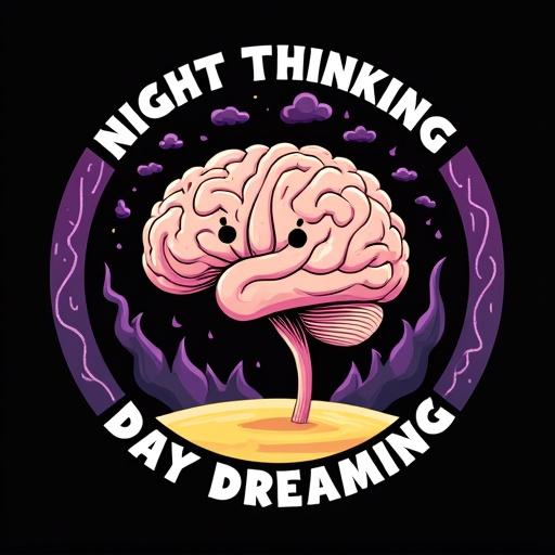 Modern illustration of a brain with eyes inside a circular emblem on a black background. Brain in pink-beige tones with anatomical details. Emblem has a purple-black gradient border. Purple smoke effects and abstract shapes below the brain. Text 'NIGHT THINKING' at the top and 'DAY DREAMING' at the bottom. Surreal, psychedelic quality in a clean design style.