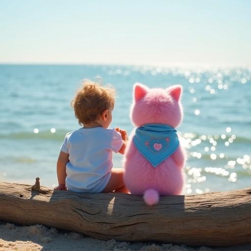 Cinematic wide shot of baby and Whiskers on driftwood log by the calm sea. Whiskers wears blue bandana with pink heart. Baby touches bandana. Afternoon light shines on pastel fur. Ocean sparkles.