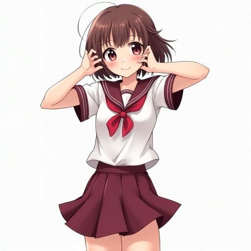 Anime character wearing a school girl uniform. Short brown hair, cheerful expression, hands near the head. Posing happily in a cute outfit.