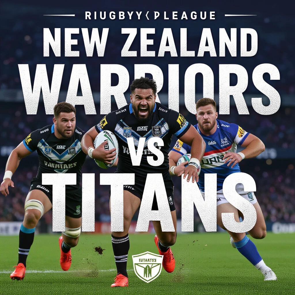 Poster promoting an intense rugby league matchup featuring New Zealand Warriors and Titans. Includes action elements team logos bold text stadium background.