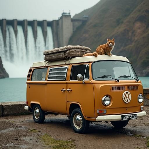 A cat sits on a sofa inside a tan Volkswagen van parked on a hydroelectric dam. The dam's water flows in the background.