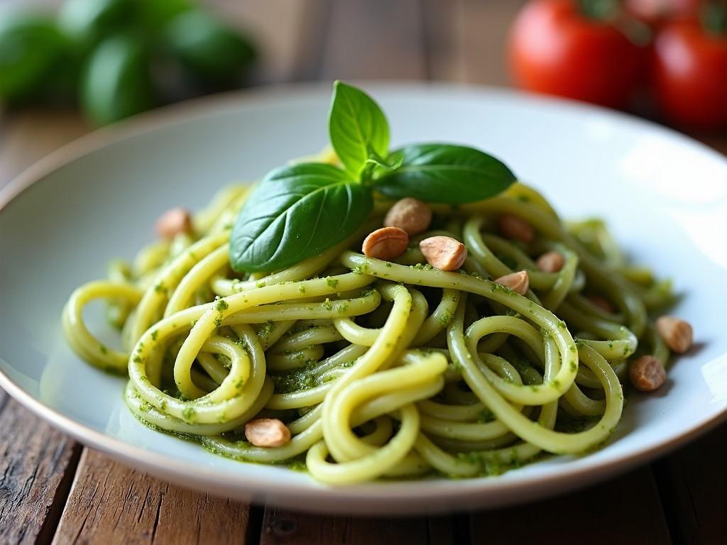 A beautifully plated dish of fettuccine pesto pasta sits invitingly on a white plate. The vibrant green pesto sauce glistens over the strands of pasta, creating a mouth-watering appearance. Fresh basil leaves are thoughtfully placed on top, adding a pop of color and hinting at the ingredients used. Around the pasta, scattered almonds provide a delightful contrast and texture. This dish is set against a rustic wooden table, emphasizing its homemade essence and elevating its presentation.