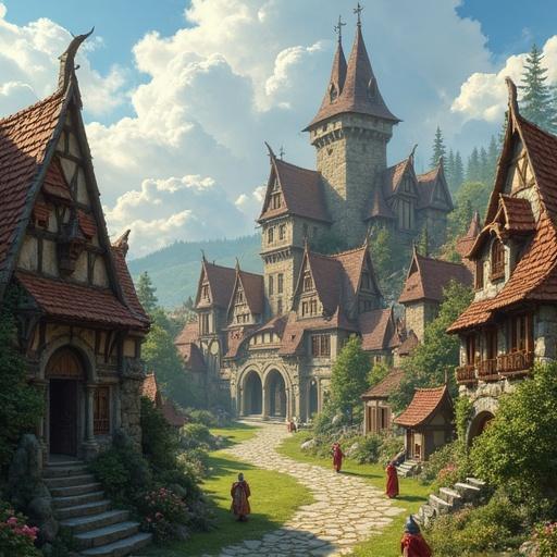 Illustration depicting a medieval village with fantasy architecture. The scene features intricate buildings, a castle, and characters like gnomes and nimfe. Lush greenery surrounds the area, creating a picturesque atmosphere.