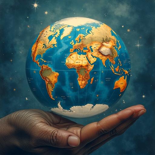 A hand gently holding a globe of the Earth. The globe shows continents in vibrant colors. The background features a starry sky.