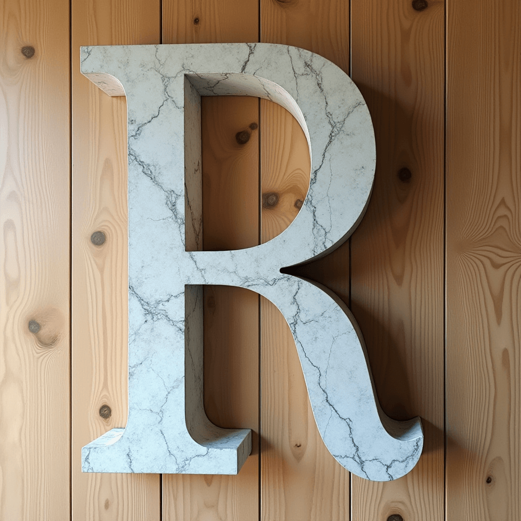 A marble-textured large letter 'R' mounted on a wooden planked wall.