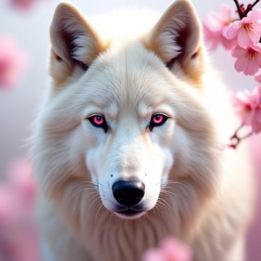 High-resolution digital photograph of a white wolf with pink eyes. Soft windswept fur with cream tones. Surrounded by sakura blossoms. Soft white and pink bokeh background. Intense yet calm gaze. Photorealistic and cinematic lighting.
