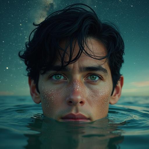 Image of a man with dark green eyes and short black hair rising from calm water. Surrounded by a cosmic sky full of stars. Face sprinkled with glitter reflecting the universe. Represents mystery, magic, confidence, wisdom.
