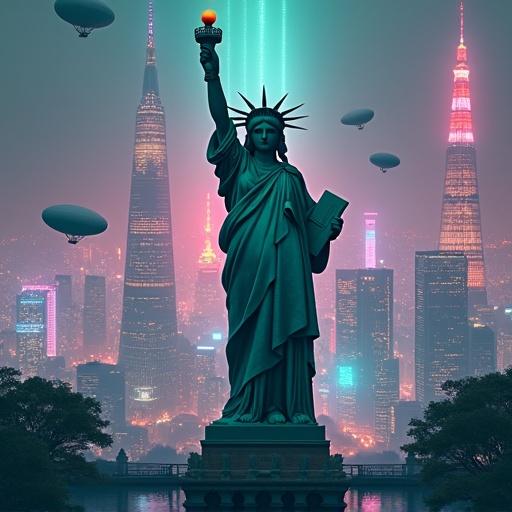 Digital illustration of a colossal statue combining Statue of Liberty and Buddha. Neon-lit Tokyo skyline in background. Statue has copper-green patina. Text above reads Out of credits Next Friday we will come to support our friends and subscribers for the whole week. See you. Several zeppelins hover in the air. Dark-future atmosphere with surreal energy. Stunning 4K resolution.