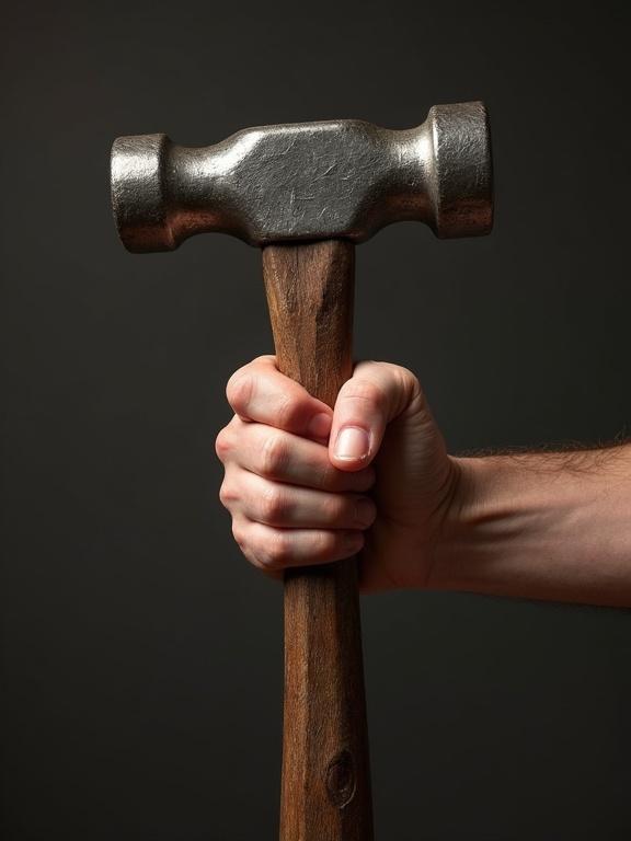 A hand clinching a big metal sledgehammer from the back angle view