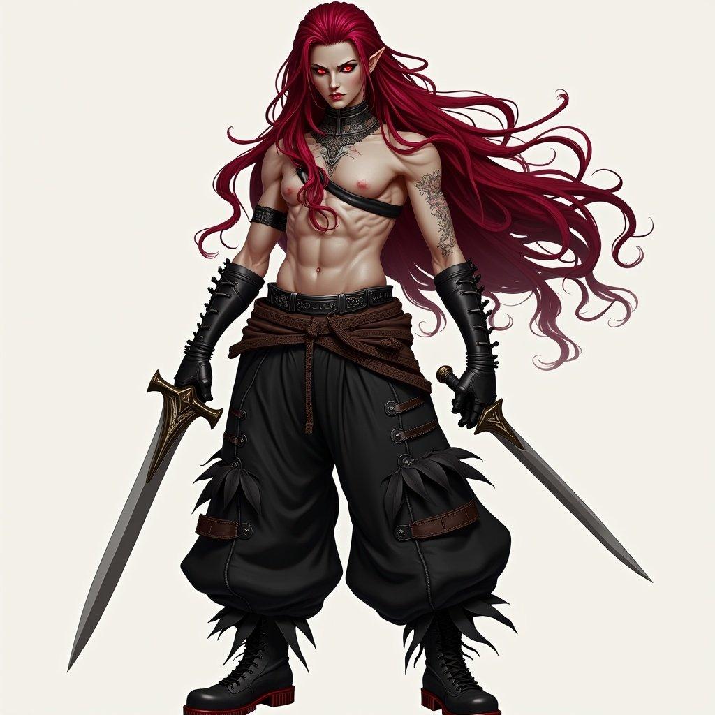 Arcane character with long dark red hair holds two daggers. Serious expression with piercing red eyes. Wears baggy black pants full of details. Design incorporates fantasy elements. Character has an evil appearance.