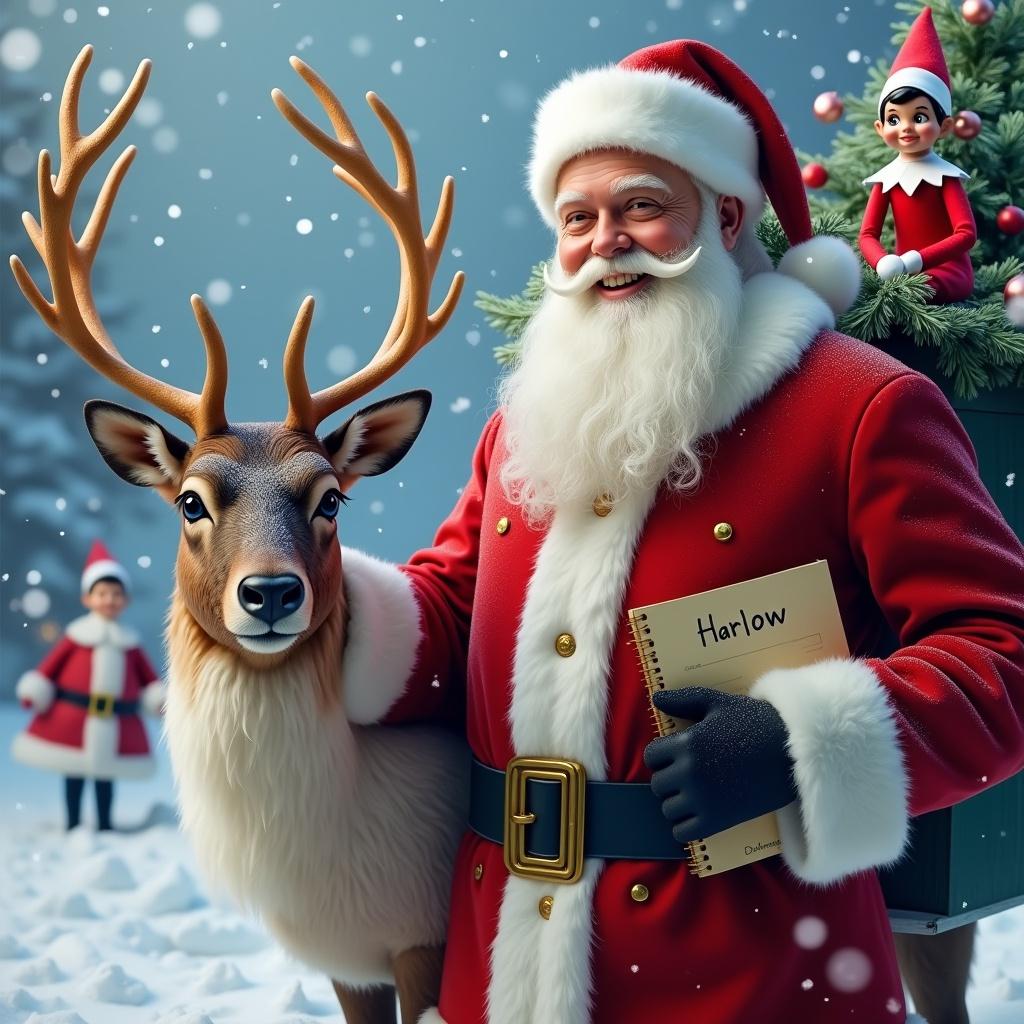 Realistic depiction of Santa Claus with reindeer named Harlow in snowy landscape. Santa wears classic red suit with white fur trim, smiling. The reindeer stands by him, showcasing antlers. Soft snowfall creates wintery atmosphere. Santa holds a list. Surrounding elves contribute to scene. Include elf on the shelf.