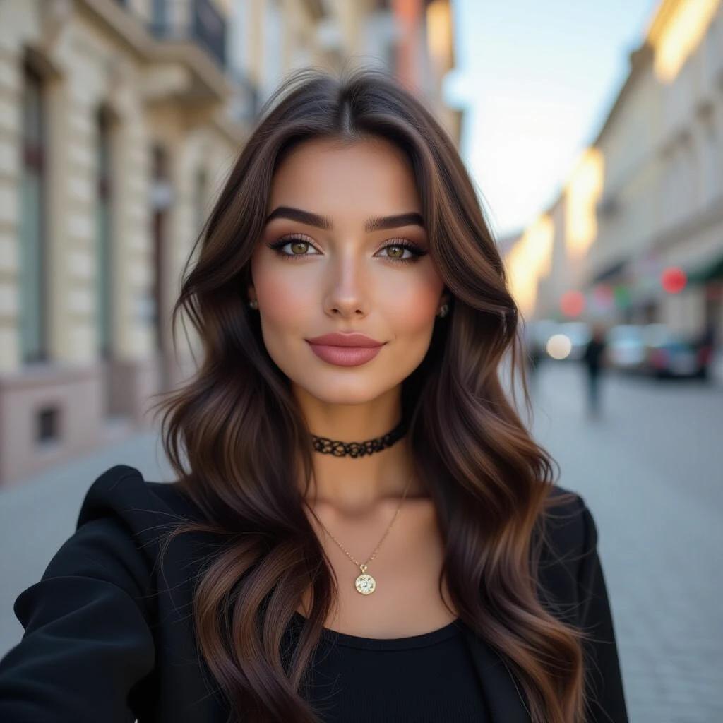 Selfie capture of urban gothic aesthetic. The subject features long wavy hair and a black outfit. The background depicts a city street with soft focus.