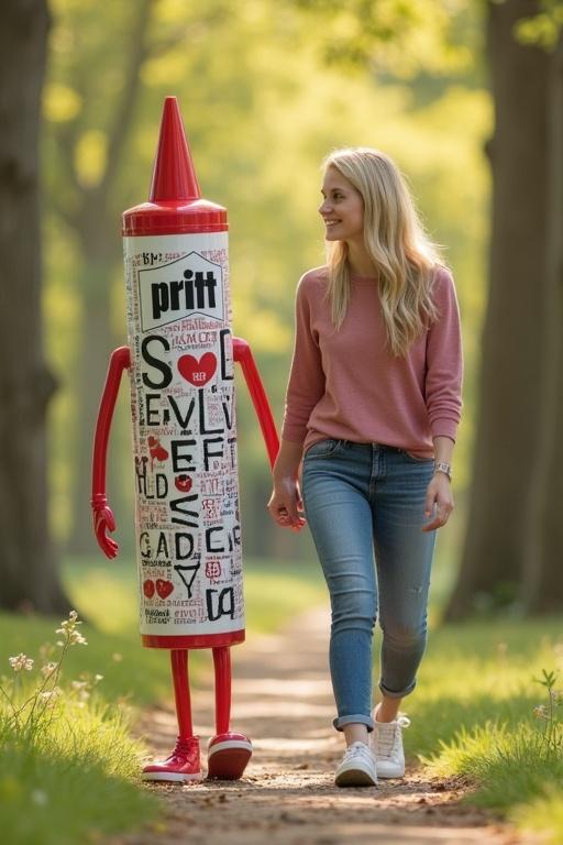 A blonde woman in casual clothes walks alongside her boyfriend in a spring setting. The boyfriend is a gluestick figure with a face and arms, showcasing the brand Pritt. They are holding hands.