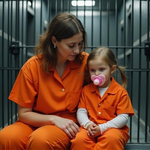 A mother and her daughter sit inside a jail cell. Both wear orange jail jumpsuits. The daughter has a large pink pacifier in her mouth. The mother explains prison behavior rules playfully while the daughter sits on her lap.