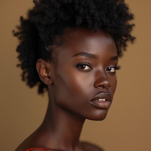 Close-up portrait of a beautiful African woman with natural hair. Soft lighting highlights features. She has a warm skin tone and relaxed expression.