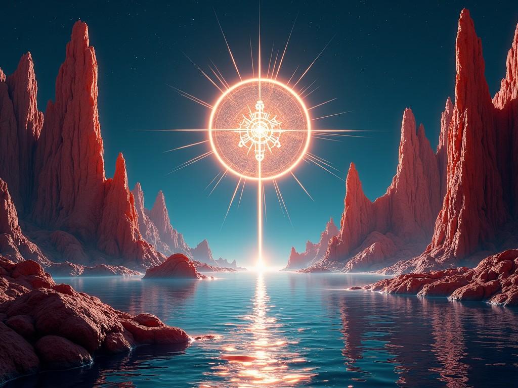 Imagine a surreal landscape on an alien planet. Towering red rock formations rise from a shimmering body of water, reflecting the dark blue sky. At the center is a mysterious cult symbol, a glyph encased in a bright fractal, surrounded by striking rays of light. Below, rocky formations reminiscent of the Pillars of Creation rise dramatically against a cosmic backdrop. The atmosphere evokes both wonder and trepidation, suggesting themes of exploration and the unknown. This artwork splendidly combines elements of fantasy and science fiction, making it ideal for an exhilarating musical journey.