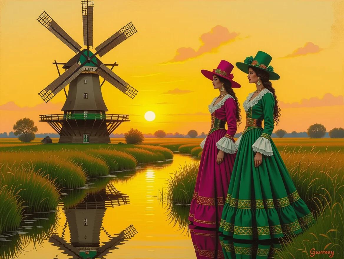 Surreal painting of exquisite gypsies dressed in green and magenta attire. Majestic windmill in sunset background. Reflective stream in foreground. Intricate details and warm colors. Oil painting style.