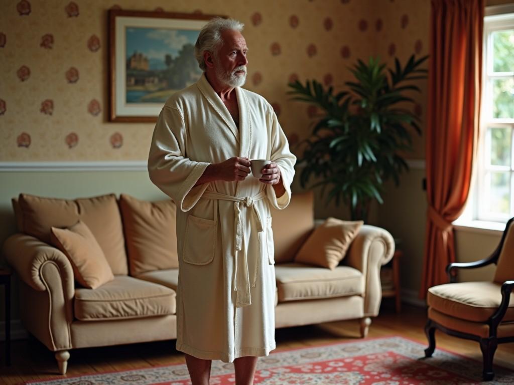 A middle-aged rich man stands in a cozy living room, wearing a plush white robe and sipping coffee. The room is styled in a classic 1980s decor, featuring a large sofa adorned with cushions. Natural sunlight filters through the curtains, illuminating the space. A lush green plant adds a touch of life to the decor. The man appears reflective and relaxed, enjoying a peaceful moment in his home.