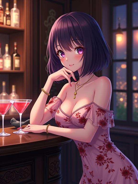 Detailed anime illustration of a woman with dark violet bobbed hair and large expressive dark violet eyes. She leans on a dark wooden bar counter wearing a pink off-the-shoulder dress with floral patterns. Elegant setting in a dimly lit bar with cocktails and illuminated shelves. Chic and sophisticated urban nightlife scene.