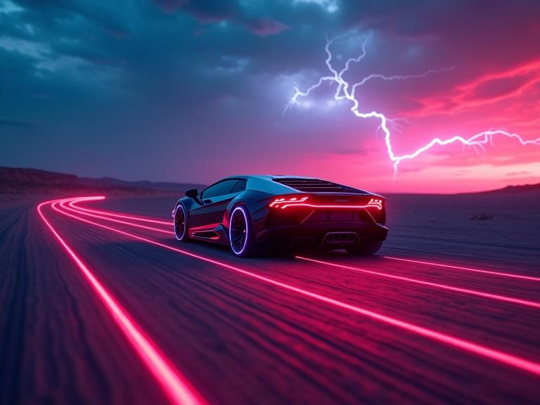 Futuristic Lamborghini in a cyberpunk desert at sunset. Neon lights and lightning in the background. Car leaves a double-line laser trail. Fog and rain effects enhance the atmosphere.