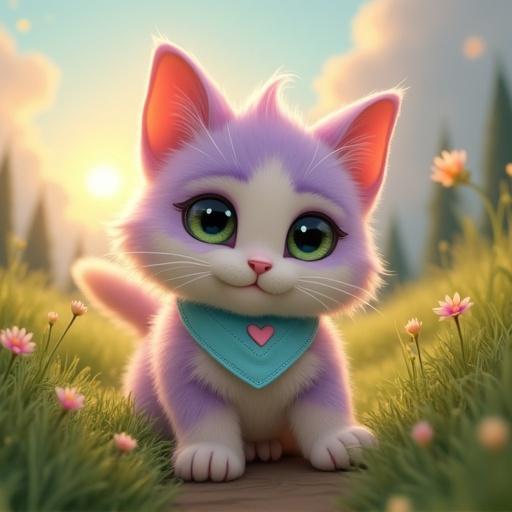 Fluffy anthropomorphic kitten with pastel pink and lavender fur. Creamy white belly and large green eyes. Oversized head and rounded features. Kitten has tiny paws and perky ears. Light blue bandana with pink heart. Scene in a clearing with soft glow from setting sun. Baby rabbit is reunited with family.