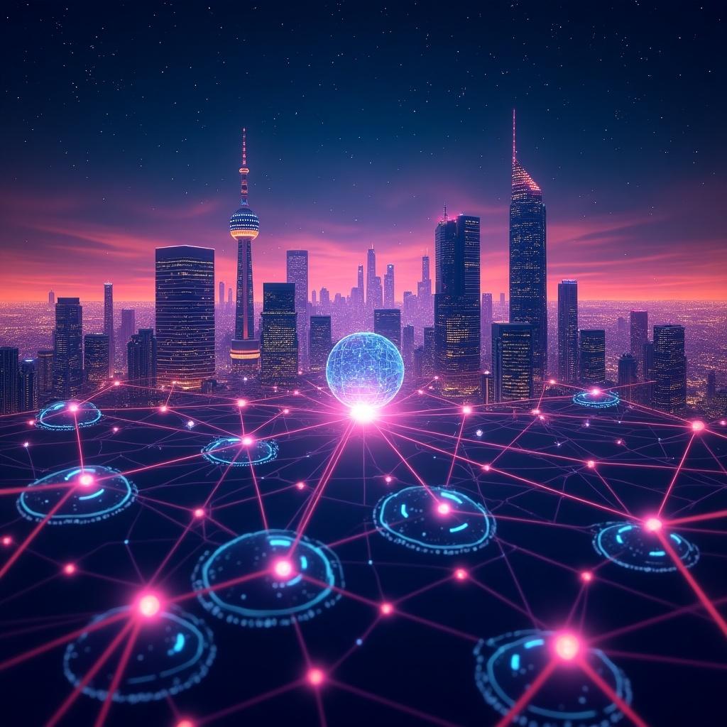 Futuristic city skyline with glowing orb and digital networks. Night view showcasing skyscrapers and vibrant colors. Represents technology and connectivity.