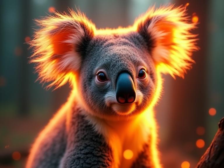 Close-up photography of a fire elemental koala. Ember accents glow in a forest. Hyperrealistic style. High quality 8k detail and perfect shading. Beautiful composition with soft lighting and many particles. Camera used is Sony A7 III.