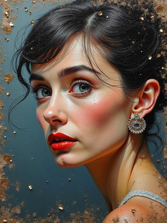 Portrait of a woman reminiscent of classic beauty. Oil painting with mixed media textures. Dark colors and intricate details. Beautiful composition that evokes magic and depth.