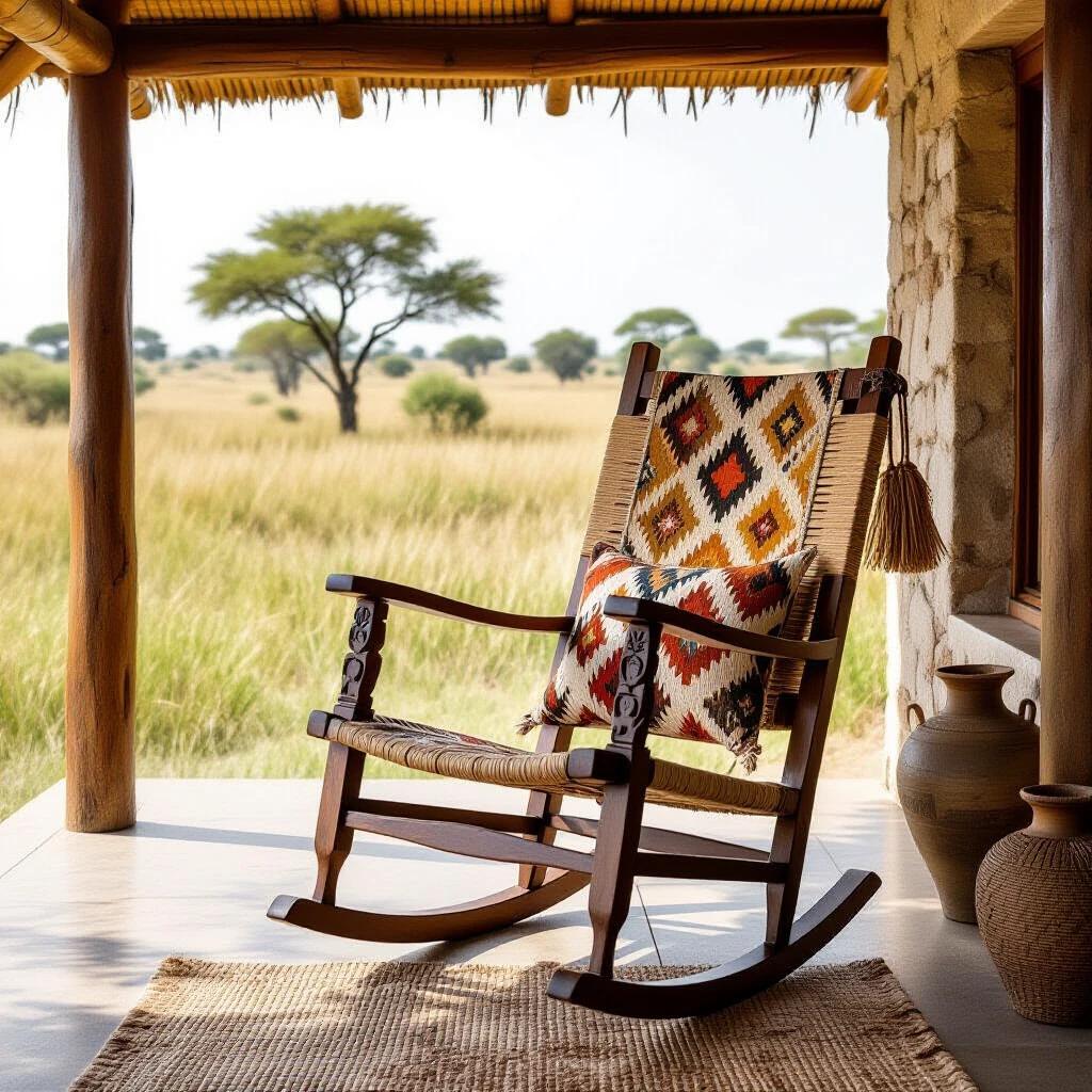 A rocking chair blends Scandinavian simplicity with African tribal artistry. It is on a veranda of an eco-lodge surrounded by savannah grasslands. The chair is made from sustainably sourced teak with a minimalist silhouette and rounded rockers. Seat and backrest have handwoven fabric dyed with African mud cloth patterns in earthy tones. Hand-carved totems accent the chair's legs, and natural fiber tassels hang from the arms. The lodge has open bamboo roofing, local pottery, and views of baobab trees under a golden sky. The light is warm and dusky.