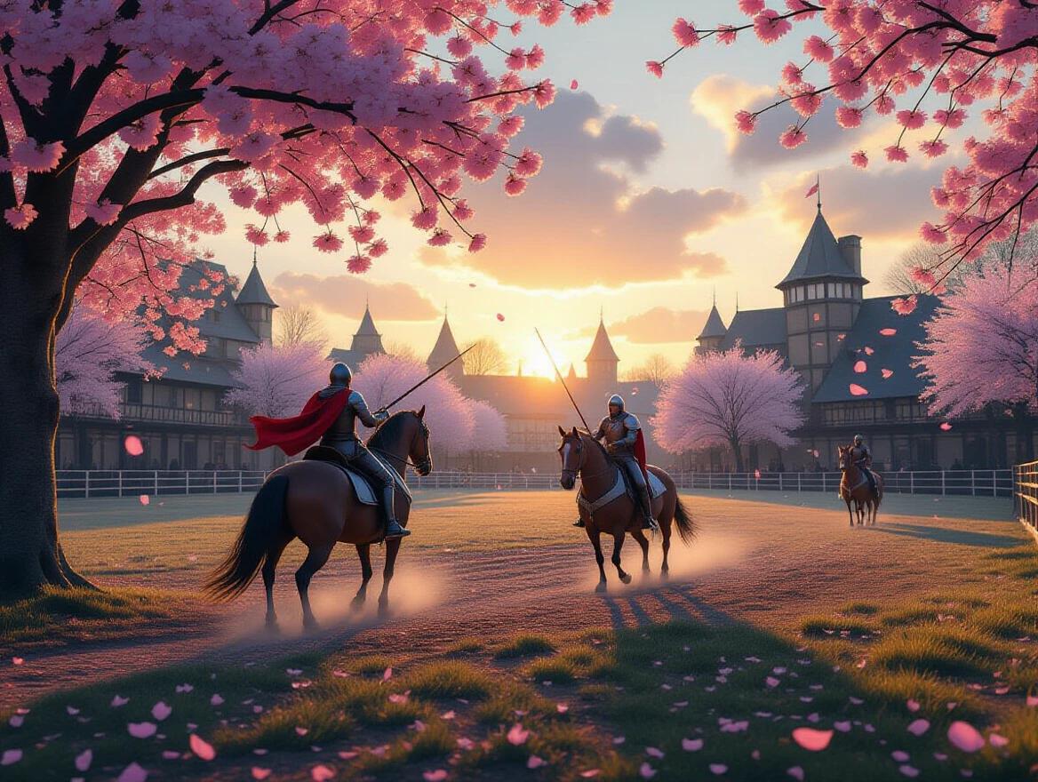 At sunrise, a medieval jousting field with cherry blossoms. Gentle breeze lifts petals. Hyper realistic ambient lighting creates a warm atmosphere.