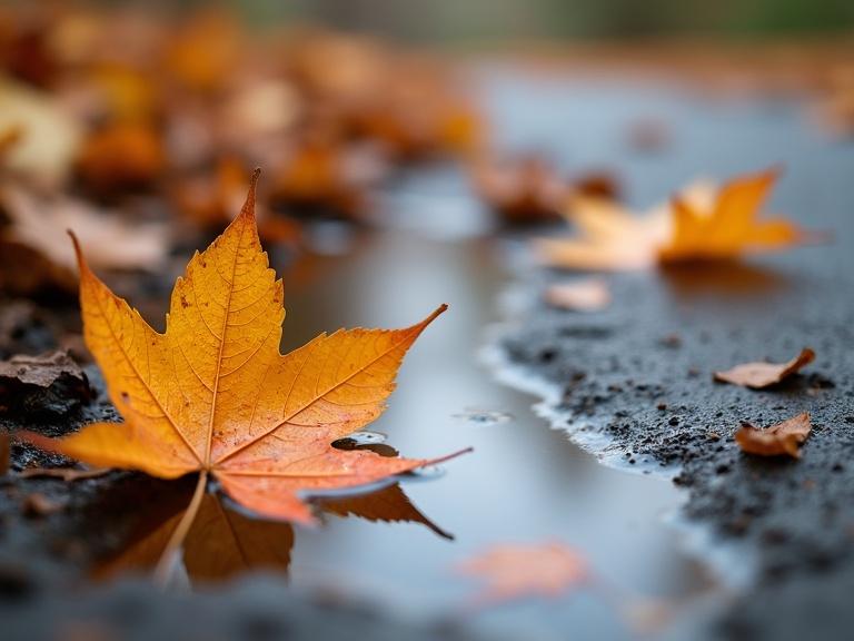 Photograph of a puddle with autumn leaves. Close-up shot with shallow depth of field. Leaves in orange, yellow, and brown. Some submerged in water. Water surface slightly rippled. Natural light from overcast sky. Wet texture on leaves. Reflections in water.