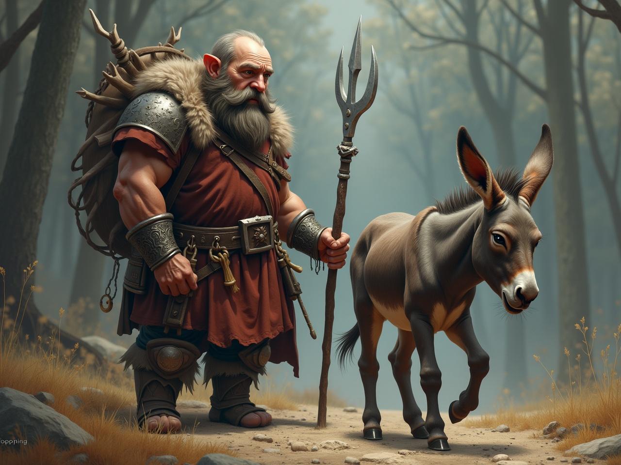 The image features a robust dwarf, standing proud in a lush forest. He possesses a thick beard and wears armor adorned with various embellishments. In one hand, he holds a long spear that glints in the soft light. Beside him is a donkey with a curious expression, looking up at the dwarf. The background includes tall trees and a carpet of leaves, creating a serene yet mystical environment. This character design is ideal for fantasy settings, invoking a sense of adventure.