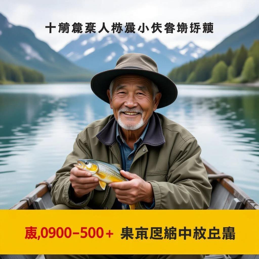 An elderly Chinese man is fishing at a beautiful lake. He holds a freshly caught fish in his hands. The background features lush green mountains and calm water. The scene is peaceful and filled with natural colors.