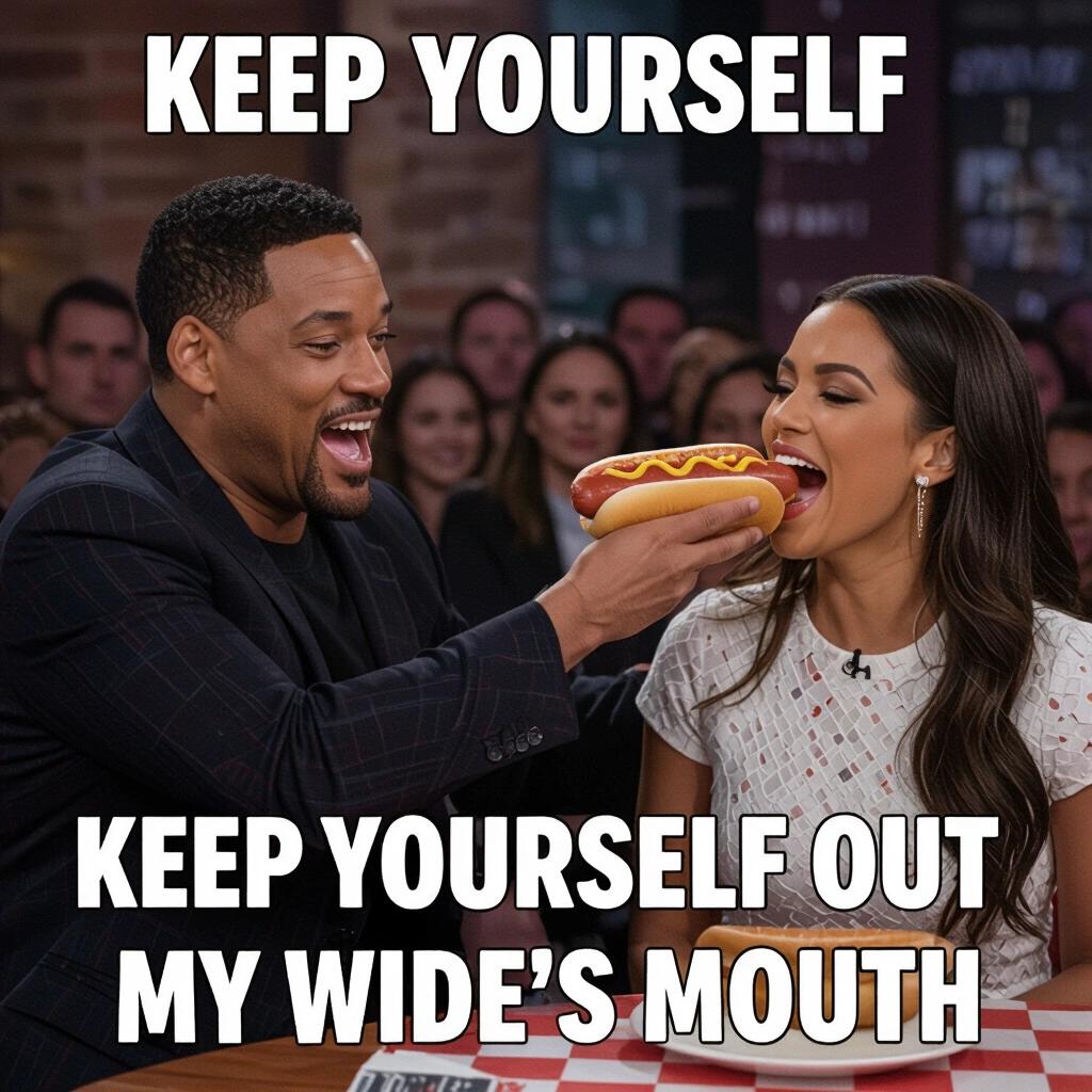 A famous celebrity is holding a hotdog toward a woman. The scene consists of strong humor. The text reads Keep Yourself and Keep Yourself Out My Wife's Mouth.