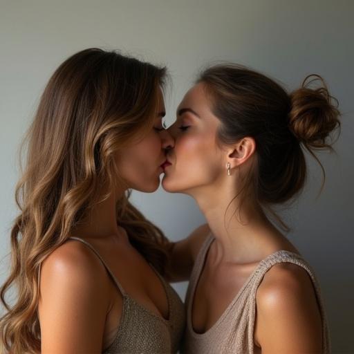 Women engaging in a romantic kiss. Soft lighting enhances intimacy. Close-up captures emotions and connection.