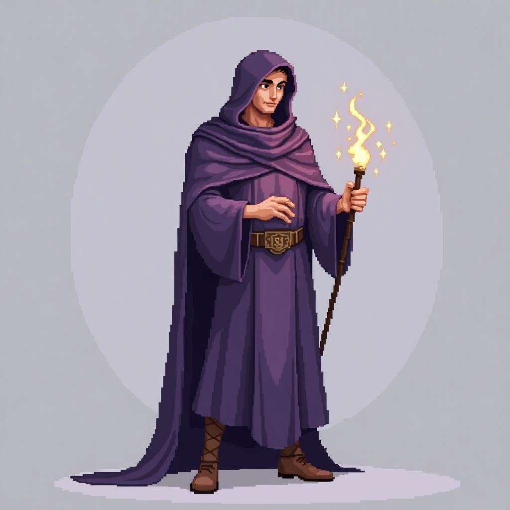 Pixel art character designed for indie games. Male mage character with purple robe. Seen from above holding a glowing staff.