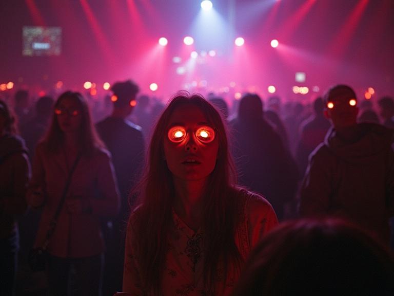 Berlin techno party setting in 1992. A crowd with illuminated eyes. Distorted faces due to drug use. The atmosphere evokes excitement and intensity.