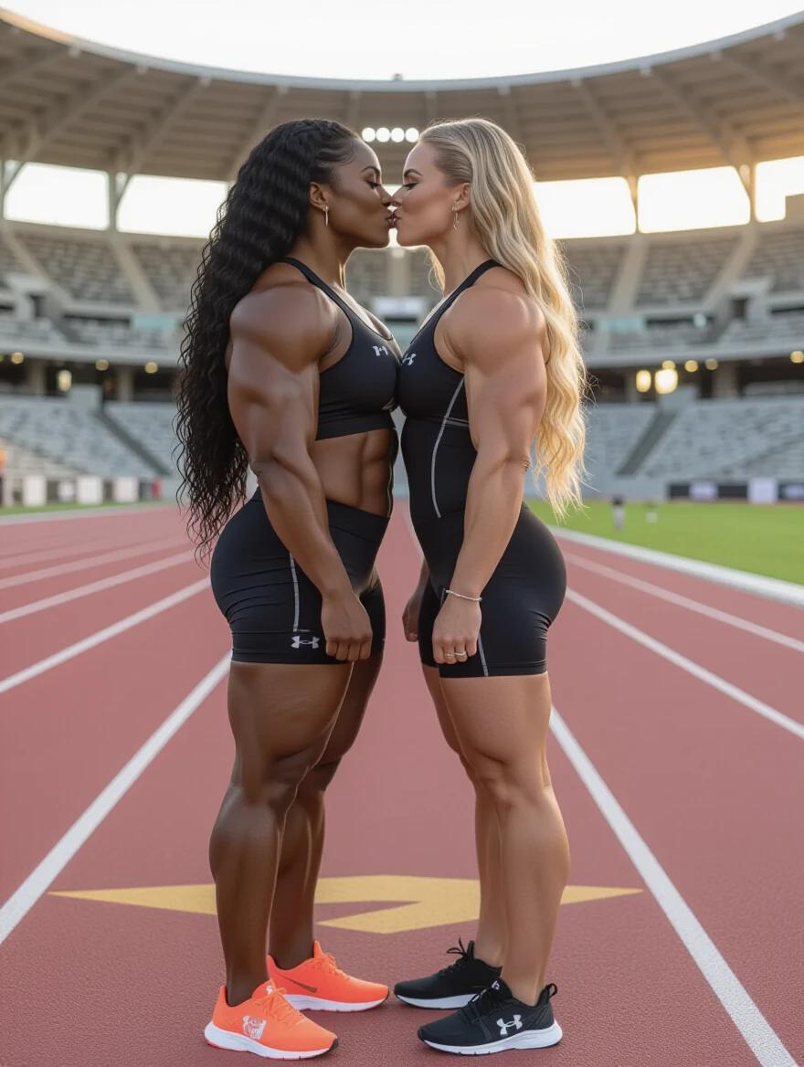 Two muscular female bodybuilders stand face to face. One woman has long black curly hair and dark skin. The other has long blonde wavy hair and light skin. They wear Under Armour athletic outfits and running shoes. They stand on a track in an stadium at sunset. The scene captures their strength and unity.