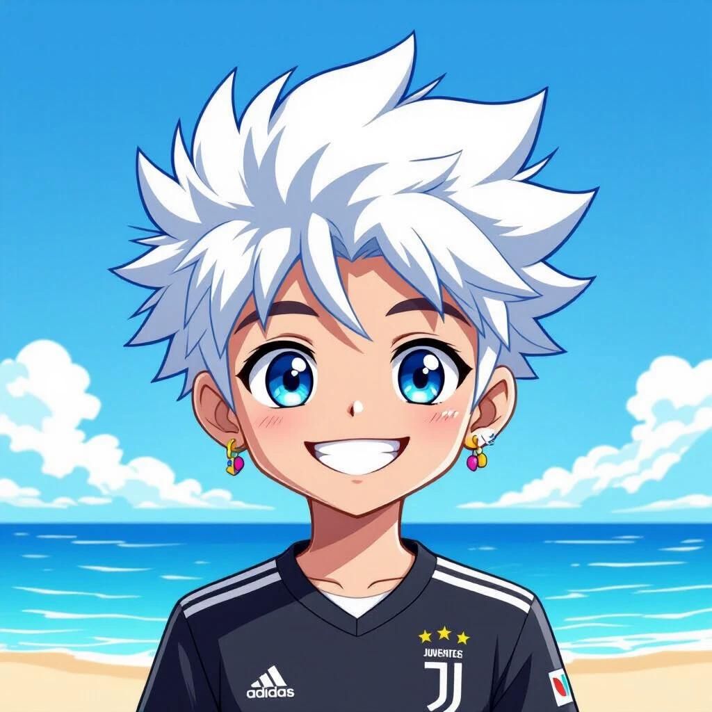 Character features spiky white hair bright blue eyes and colorful earrings. Wears Juventus jersey. Style is cartoon and vector. Design is minimalistic and suitable for branding. Keep clean lines and key traits.
