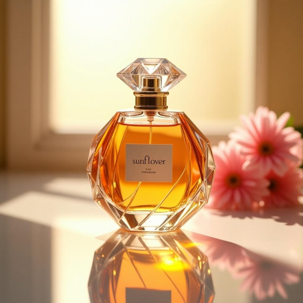 This image showcases an elegantly designed perfume bottle made of glass with a diamond-shaped cap. It rests on a reflective surface, capturing the beauty of the amber liquid inside. The name tag reads 'Akma sunflower perfume'. Soft sunlight falls on the bottle, creating warm reflections that enhance its intricate patterns. In the soft background, there's a hint of pink flowers, adding a delicate touch. The overall composition emphasizes the elegance and allure of the perfume. This image would be perfect for representation in beauty and fragrance marketing.