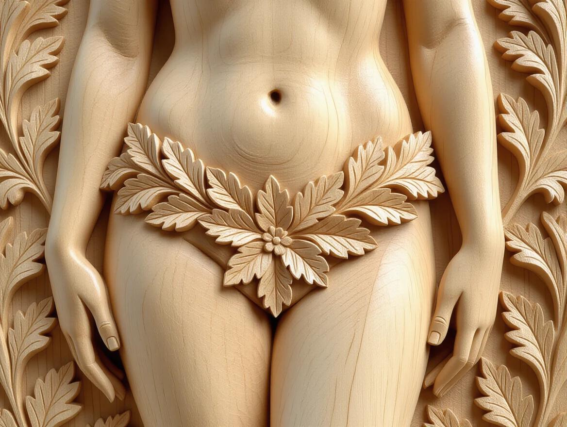 Close-up view of a wood carving depicting the hips of a nude woman. Intricate relief work surrounds the hips featuring perfect leafy details. The style emphasizes realism and craftsmanship. The natural wooden texture highlights the artistry.