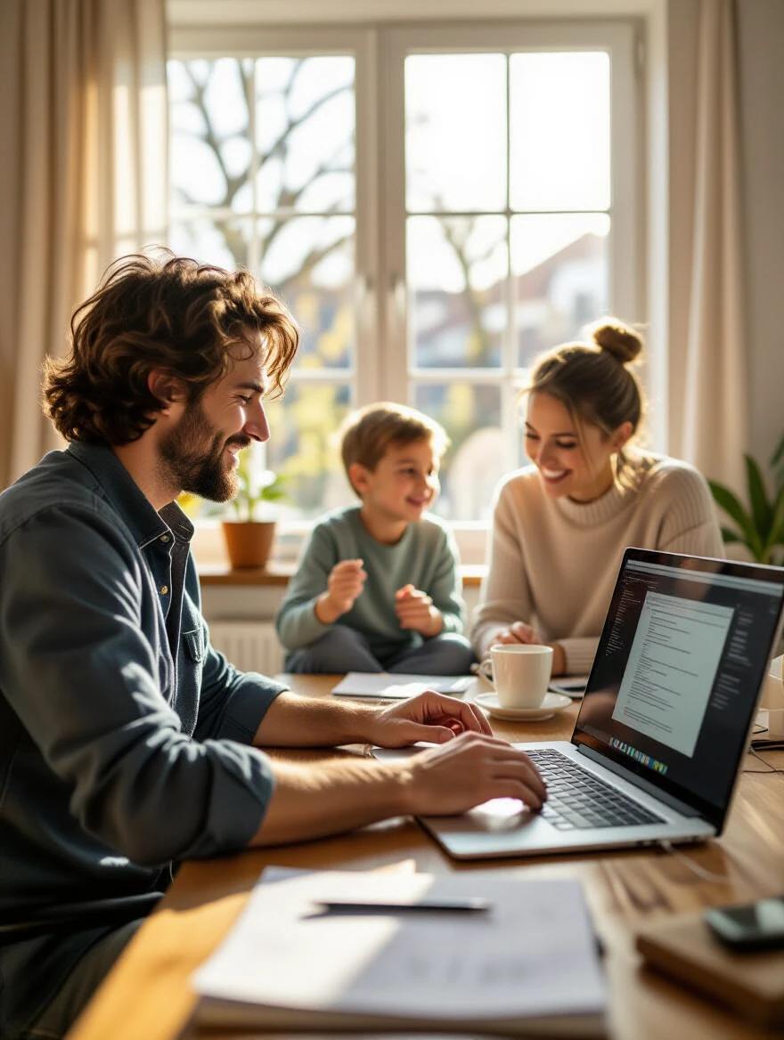 Person working on laptop in home office. Family activities happening in background. Natural window lighting. Warm domestic atmosphere. Professional lifestyle photography.