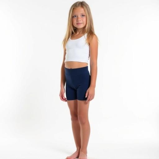 A ten-year-old girl stands confidently in front of a white background. She wears a fitted white crop top. Navy blue lycra shorts fit her perfectly. Long blonde hair falls down her shoulders. Minimal distractions in the background highlight her confident appearance.