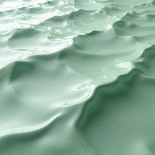 Surface with rippling waves showing intricate interference patterns. Light green matte color with speckled glaze like clay material.