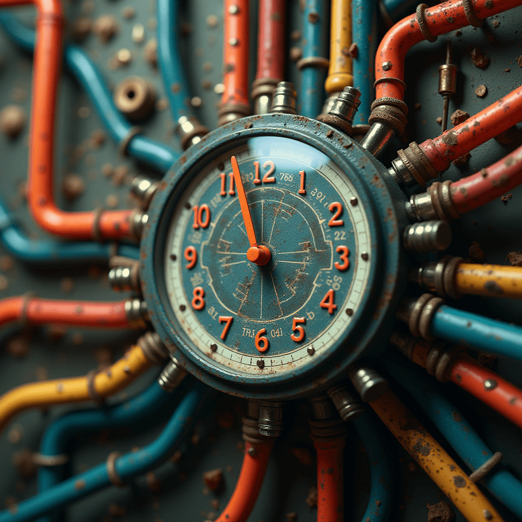 The image showcases a clock with a unique and artistic design, embodying a steampunk or industrial aesthetic. The clock face is blue, adorned with bold orange numbers and hands, giving it a vintage yet vibrant look. Surrounding the clock are an array of colorful, multi-hued pipes in red, blue, and yellow, which radiate from the clock like spokes. These pipes are connected with metallic joints and appear weathered, suggesting age and industrial influence. The background also features subtle, scattered debris or rust particles, enhancing the theme of time and machinery. The overall composition combines elements of timekeeping with mechanics, creating a visually intriguing and creative artwork.