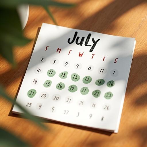 Close-up shot of a square paper on a table. July calendar displayed. Green circles marked on some days of the month. Warm sunlight on the table.