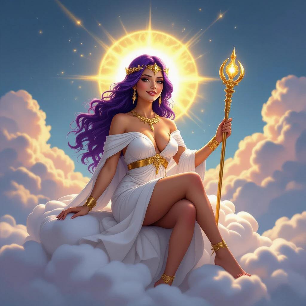 Goddess sitting on a cloud surrounded by golden aura. Purple hair styled elegantly. Wearing a flowing white toga with golden embellishments. Seated gracefully, holding a golden scepter. Smiling benevolently down at the humans below.