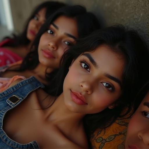 Image depicting several teenage girls of South Asian descent lying on the floor. Realistic features include dark brown eyes, black hair, warm brown skin, full red lips. All girls have eyes open and mouths closed staring at the ceiling.